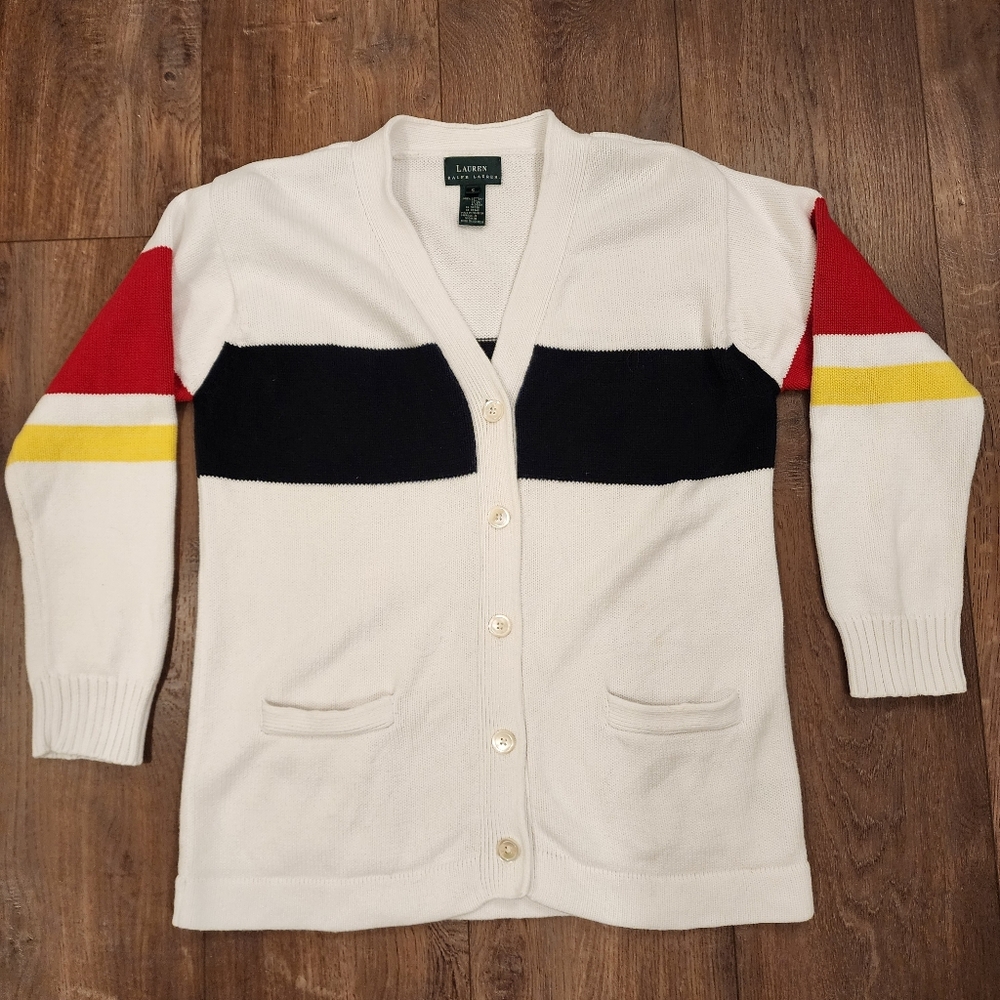 Lauren Ralph Lauren Varsity Style Cardigan Sweater Stripe Cotton Oversized Small